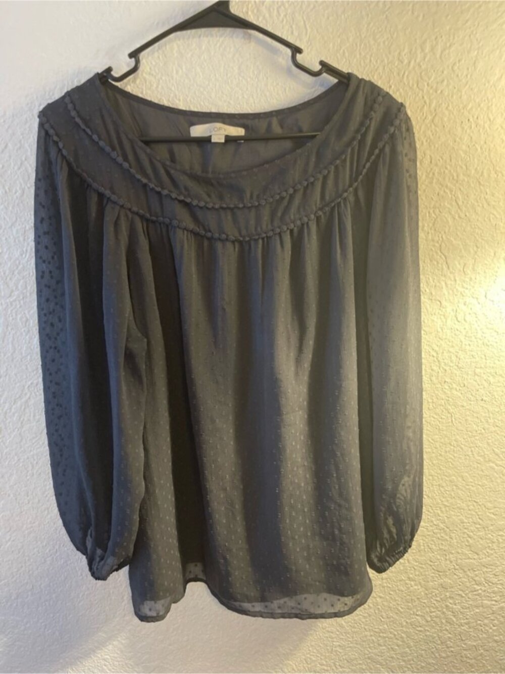 LOFT Charcoal Swiss Dot Peasant Blouse